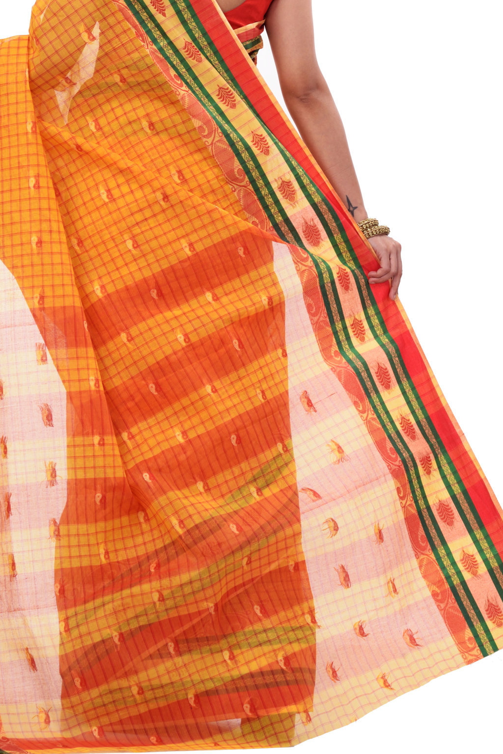 Yellow Pure Cotton ChakButi Tant Saree (125)